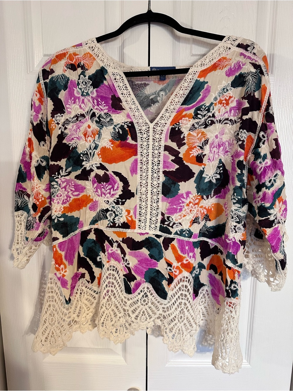 Democracy Floral & Crochet Trim V-Neck Top - Purple/Orange/Teal
